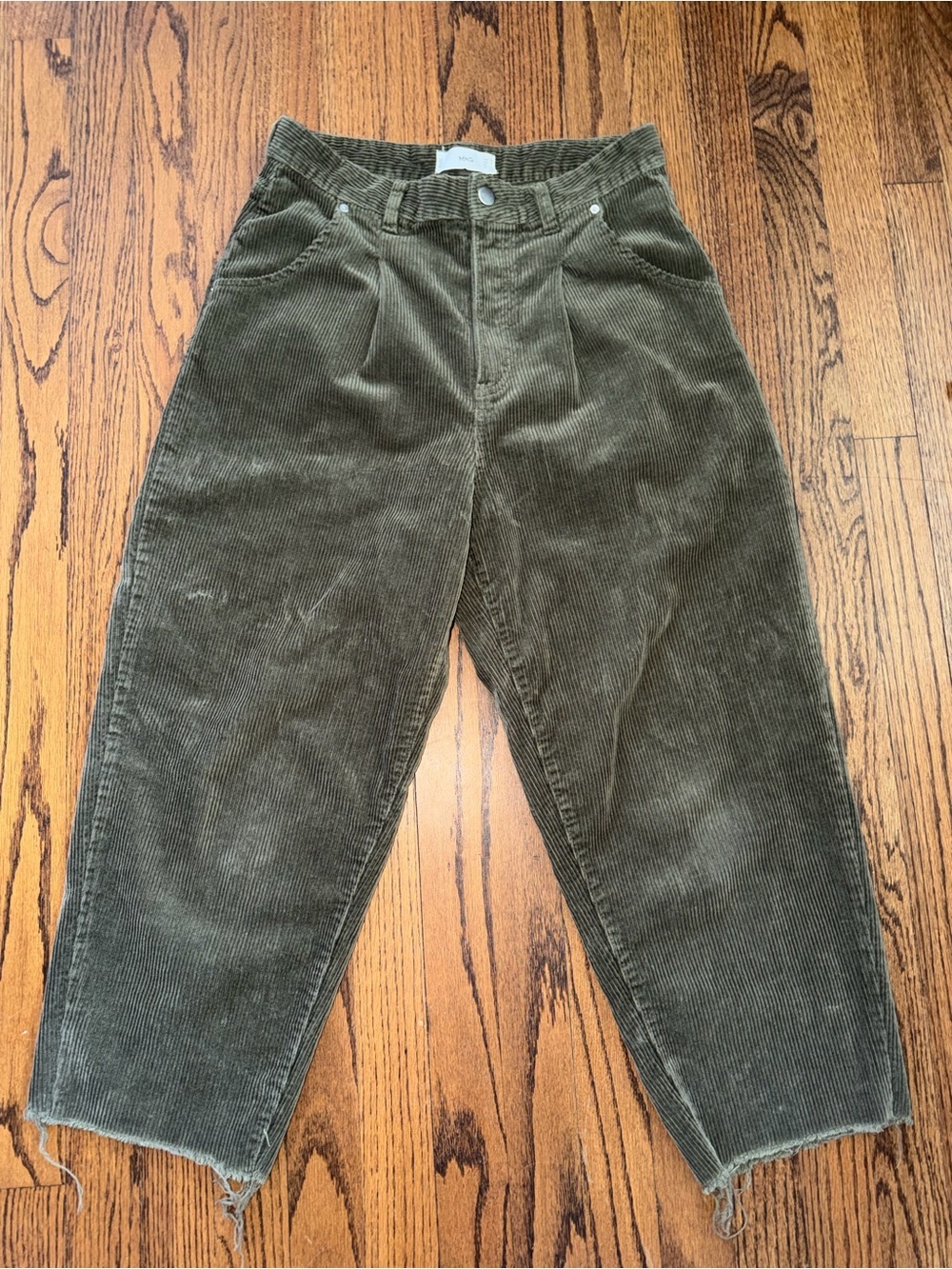 Mango Ribbed Corduroy Barrel Leg Trousers in Olive Green